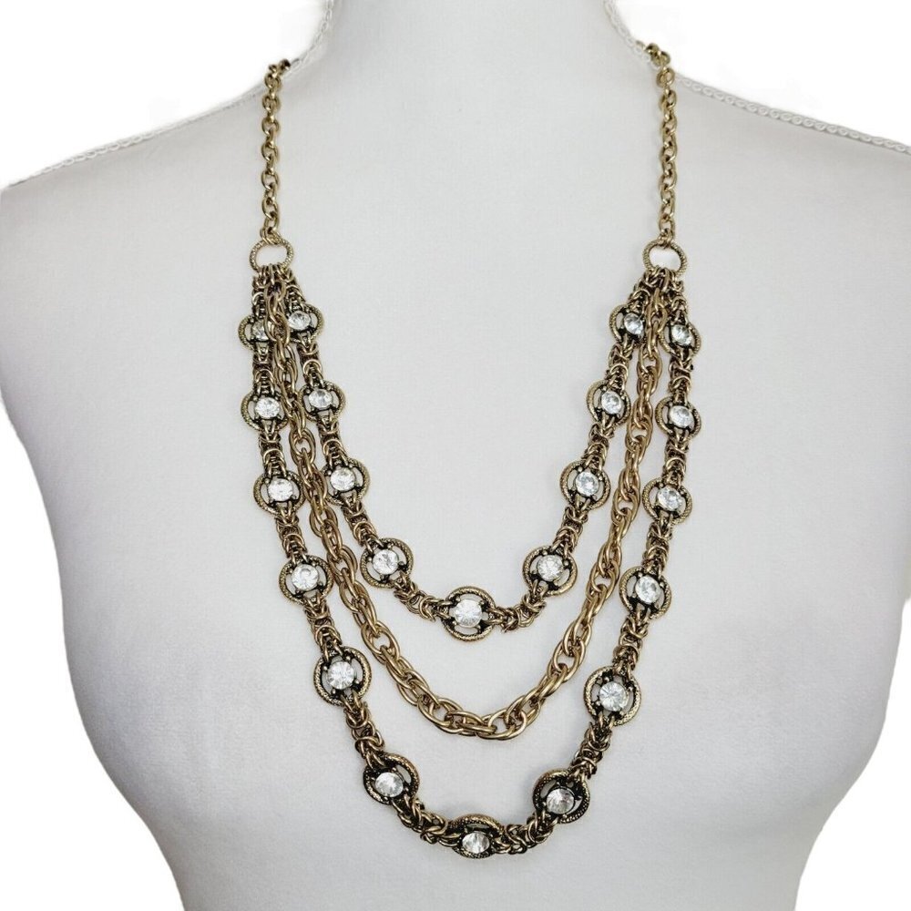 Antiqued Gold Tone Triple Strand Necklace Rhinestones Weighty Nautical Clasp 32"